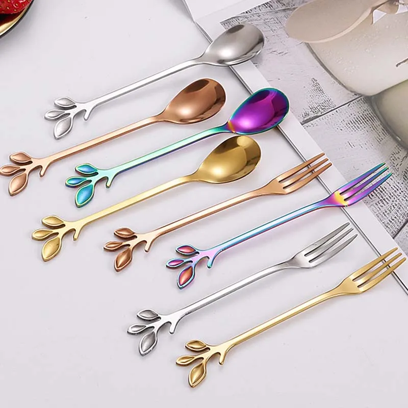 Small Leaf Antlers Coffee Spoon Stirring Spoon Teaspoon Tea Spoon Dessert Fork Metal Stainless Steel Creative Flatware