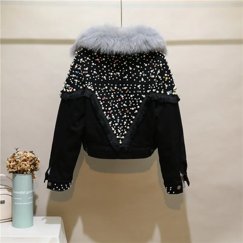 Women's Diamond Beading Real Fox fur thick warm denim coat female winter real rabbit fur liner detachable real fur coat F2514