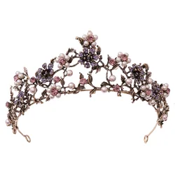 Baroque Vintage Black Purple Crystal Flower Pearls Bridal Crown Rhinestone Pageant Diadem Veil Tiaras Wedding Hair Accessories