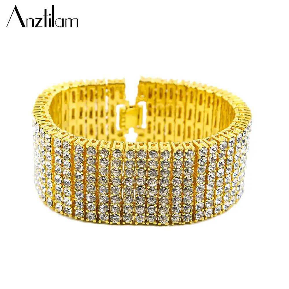 

30mm HIP HOP Personality Micro Paved 8 Rows Rhinestone Bracelets Gold Silver Color Wide Ice Out Hand Chain for Men Rapper