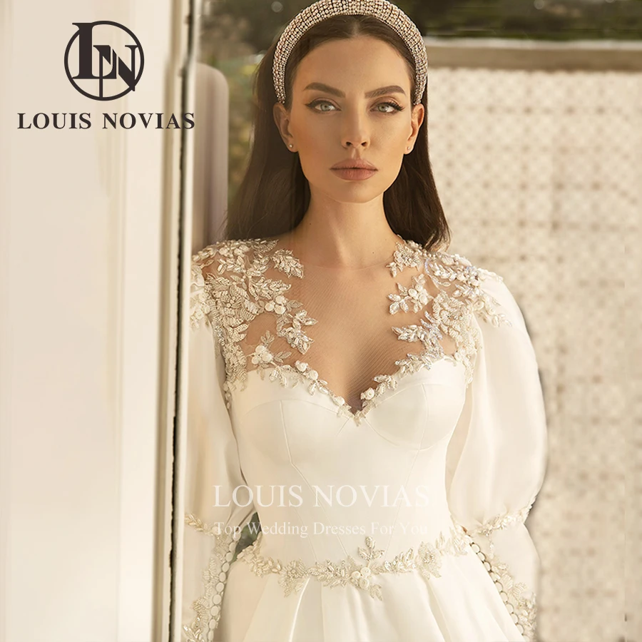 

LOUIS NOVIAS Satin Wedding Dresses For Women Sexy Exquisite Princess Bridal Gown Puff Sleeve Button Bead A-Line Vestido De Novia