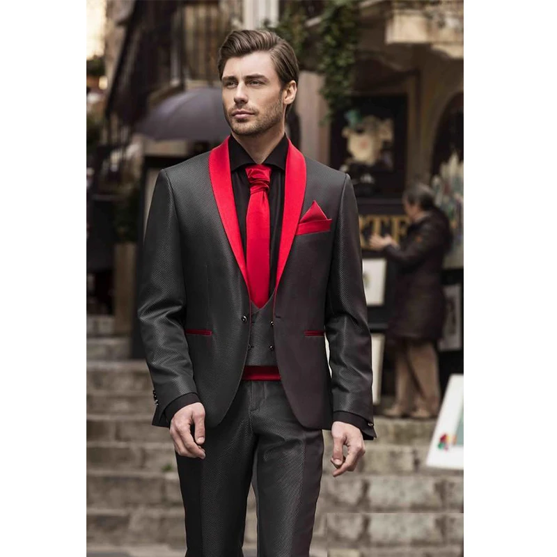 Traje rojo y negro para hombre, traje de tres piezas para baile de graduación, Blazer, vestido de boda, trajes de fiesta (chaqueta + Pantalones + chaleco)