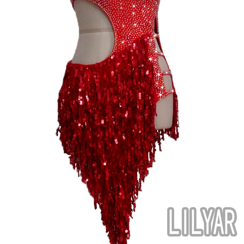 New Latin Dance  Competition Performance Dress Adult Red Cut-Out Sequin Sexy Dance Dress