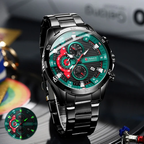 Imagen 2 del producto Relojes deportivos de moda CURREN para hombre, relojes de pulsera cronógrafo informales con banda de acero inoxidable, reloj luminoso para hombre