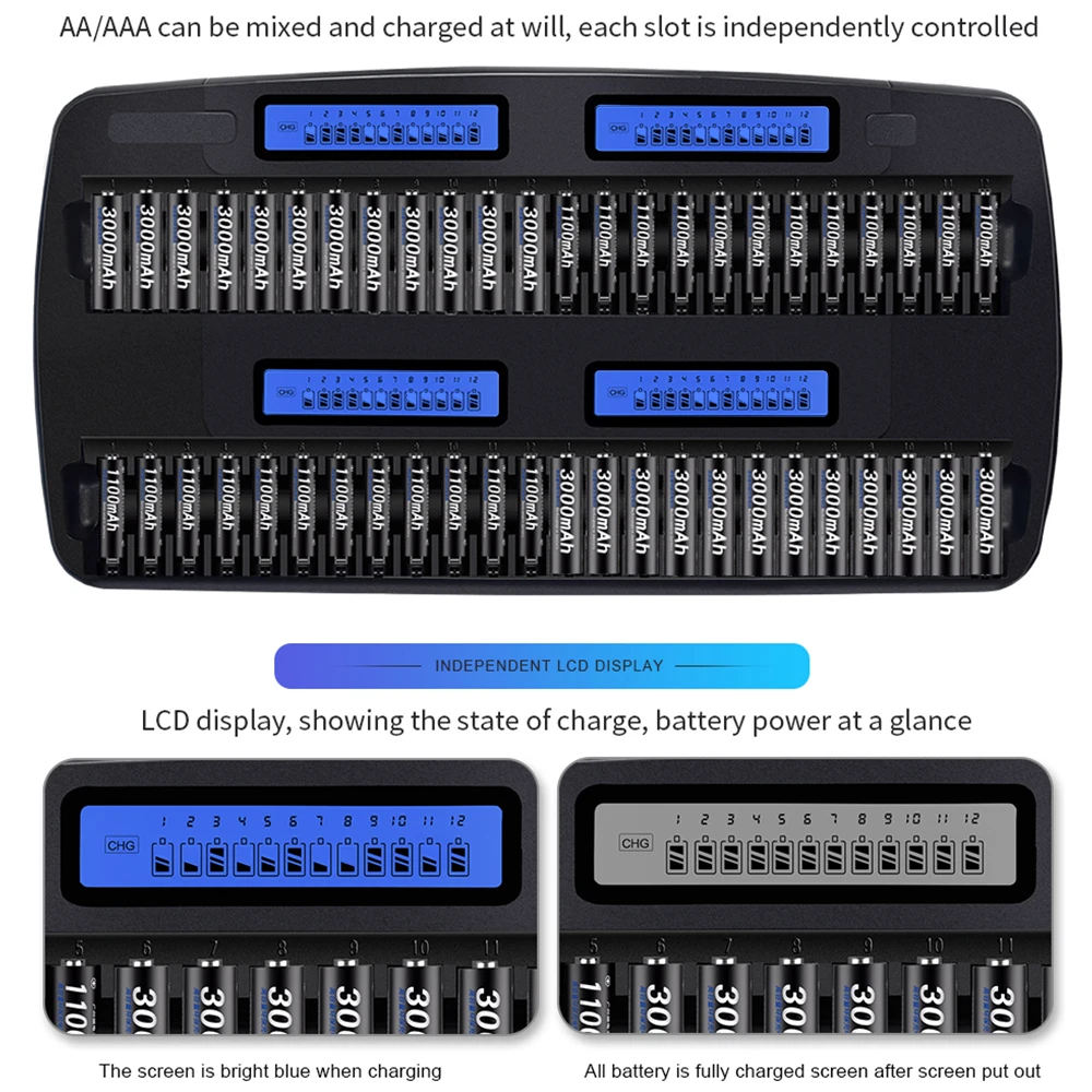 Imagem -03 - Palo 48 Slot aa Aaa Carregador de Bateria Lcd Luz Rápida Carga Inteligente para 1.2v Nimh Nicd Baterias Padrão Ktv Escola Hotel Clubhouse