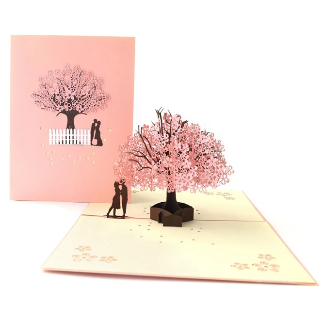 10 pcs 3D Pop Up Greeting Cards Romantic Cherry tree Laser Cut Post Card Birthday Christmas Valentine' Day Party Wedding Decor