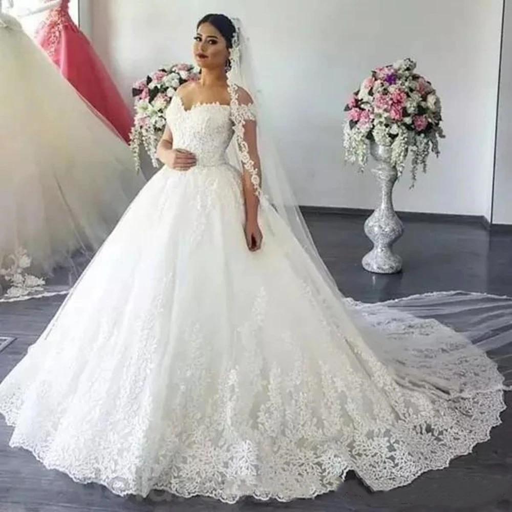 Lace Ball Gown Wedding Dresses Luxury A Line Off Shoulder Sweep Train Bridal Gowns With Lace Applique Plus Size Wedding Gowns