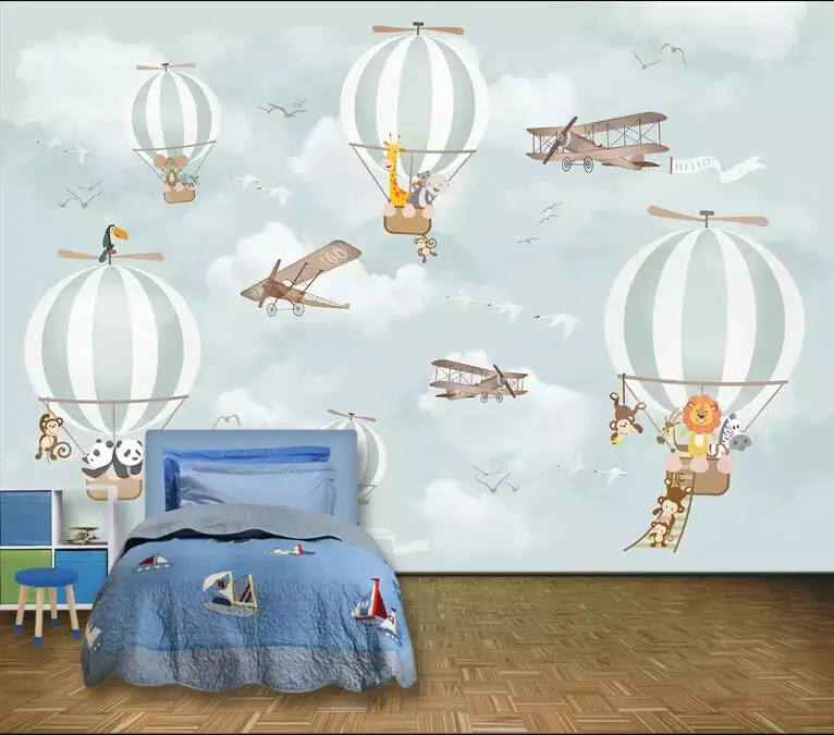 

Bacal large 3D wallpaper mural Cartoon hot air balloon airplane animal blue children room background wall wallpaper for walls