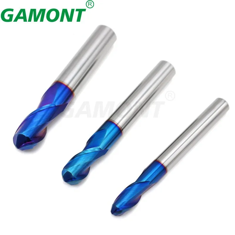 GAMONT HRC70 블루 나노 코팅 텅스텐 스틸 카바이드 밀링 커터, CNC 기계 가공, 특수 볼 엔드 엔드밀 도구, 2 플루트