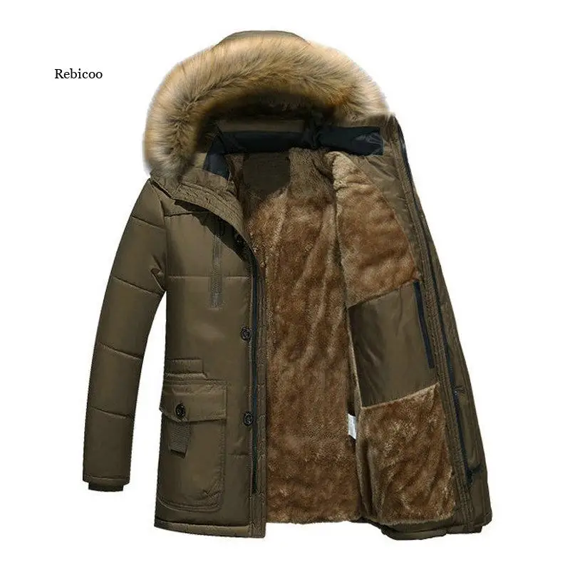 Dicke Warme Parka Männer Fleece Fell Kapuze Männer Winter Jacke Mantel Military Cargo Medium-lange Herren Mantel