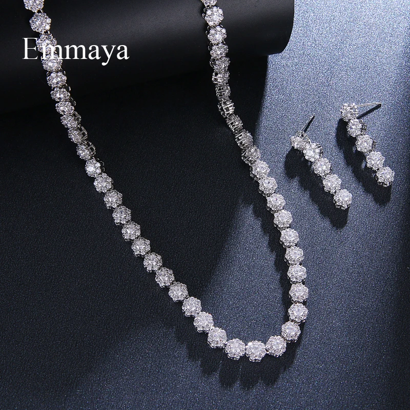 Emmaya Fascinating Round Flower Design For Female Fashion Statement AAA Zirconia Long Earring And Necklace Elegant Jewelry Set