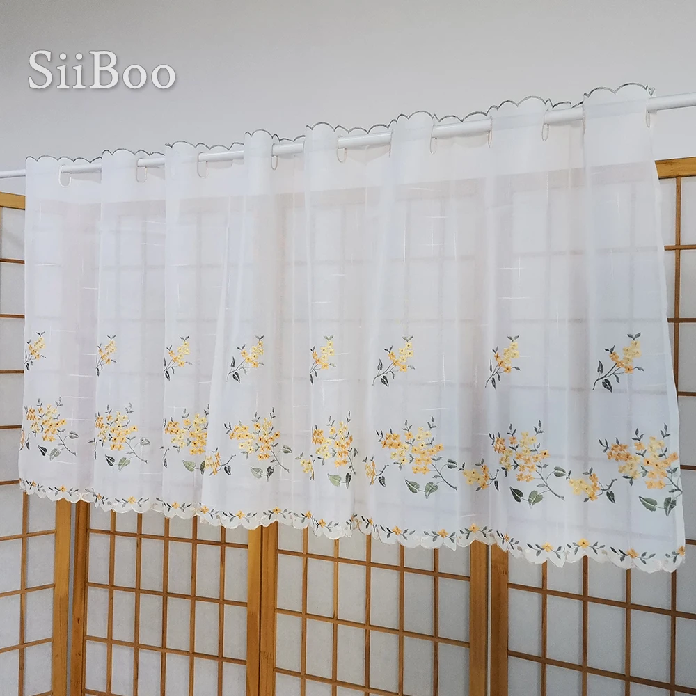 New fashion yellow floral embroidery lace half-curtain bay window curtain for coffee/kitchen room tulle SP3082 Free shipping