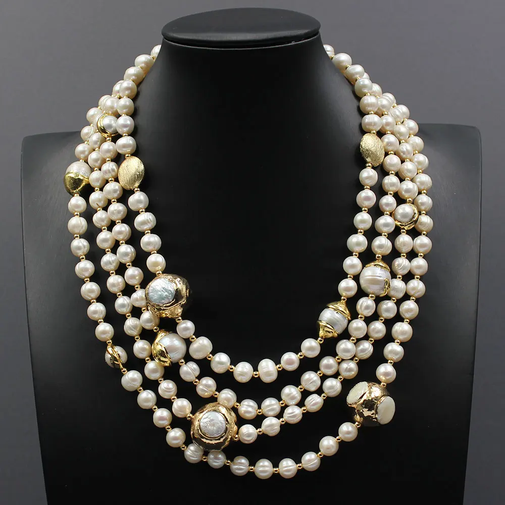 GG 4 Strands Natural Freshwater Cultured White Pearl Gold Color Plated Keshi Pearl Necklace 18\