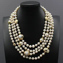 GG 4 Strands Natural Freshwater Cultured White Pearl Gold Color Plated Keshi Pearl Necklace 18