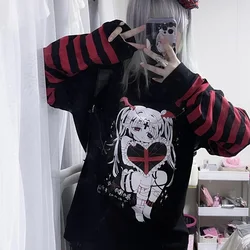 Women T-shirt kawaii Cartoon Anime Print Hot Girl long-sleeved T-shirt Punk hip-hop streetwear Y2k striped fake two-piece top