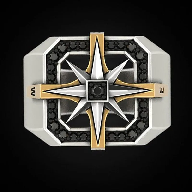 Retro Viking Style Nautical Compass Seal Ring Male Gold Color Two-Color Stainless Steel Rings Fashion Vintage Jewelry for Men