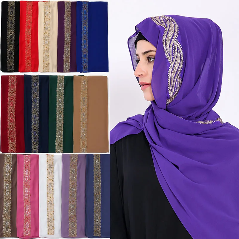 80*170cm Malaysia Women Muslim Chiffon Hijab Scarf With Diamonds Femme Musulman Glitter Headscarf Islamic Hijab Shawls Wraps