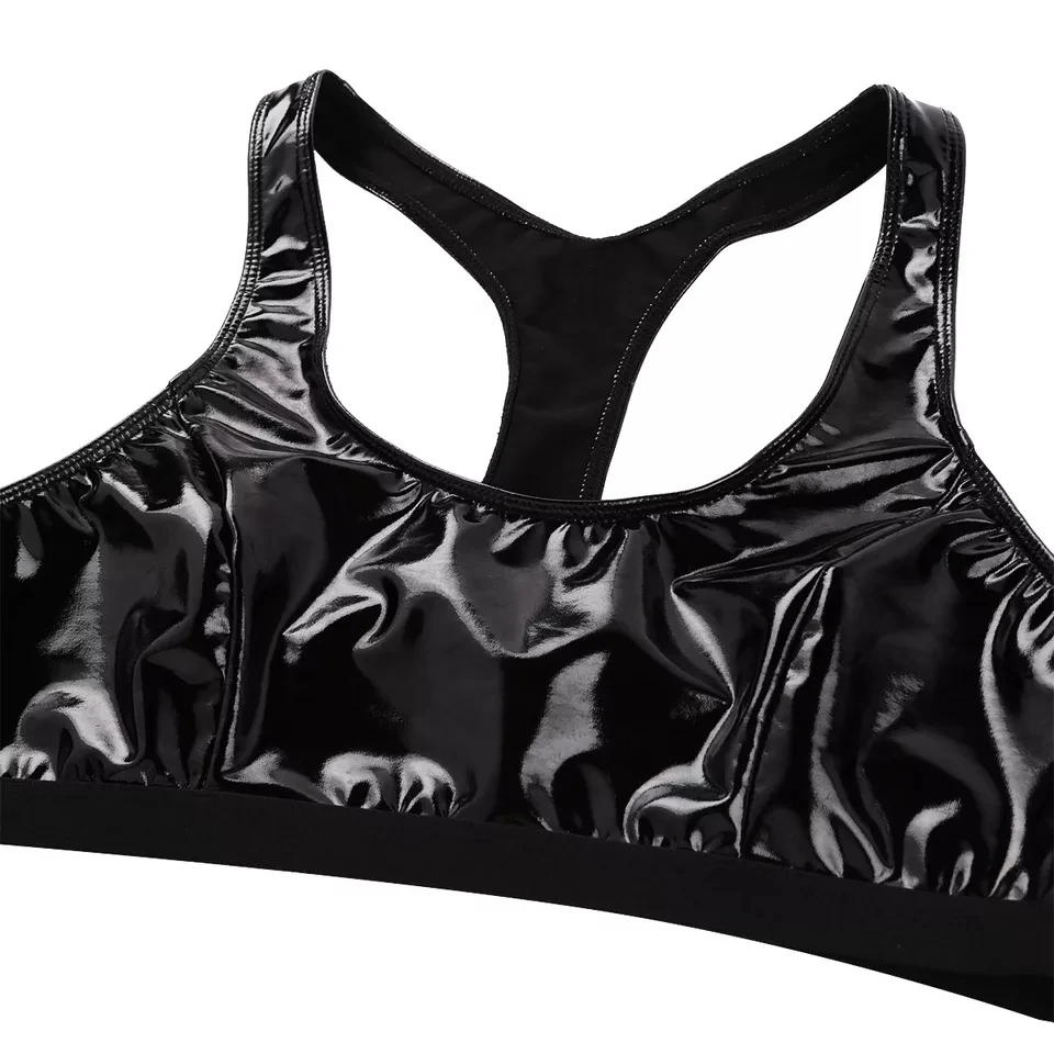 Sexy Wetlook Brilhante Couro U Sutiã Profundo das mulheres, Pornô Quente Erótico Meia Copa Tops, Bodycon Brilhante Latex Bralette, Top Vest para Sexo