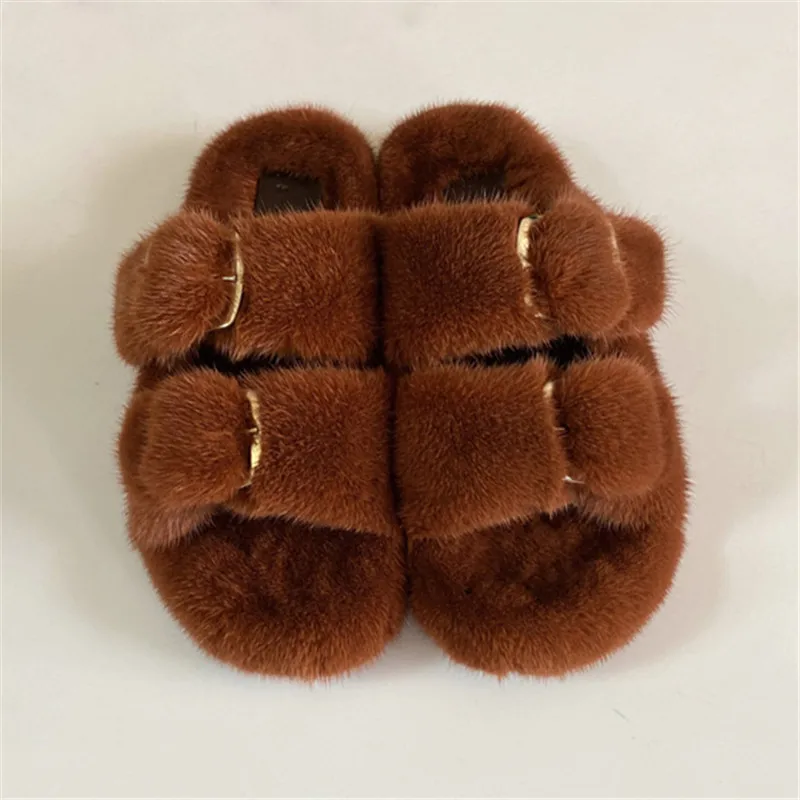 Winter Fur Real Mink Slippers Women Slippers For Women 2022 Flat Warm Soft Indoor Fur Slippers Luxury Designer Female Shoes