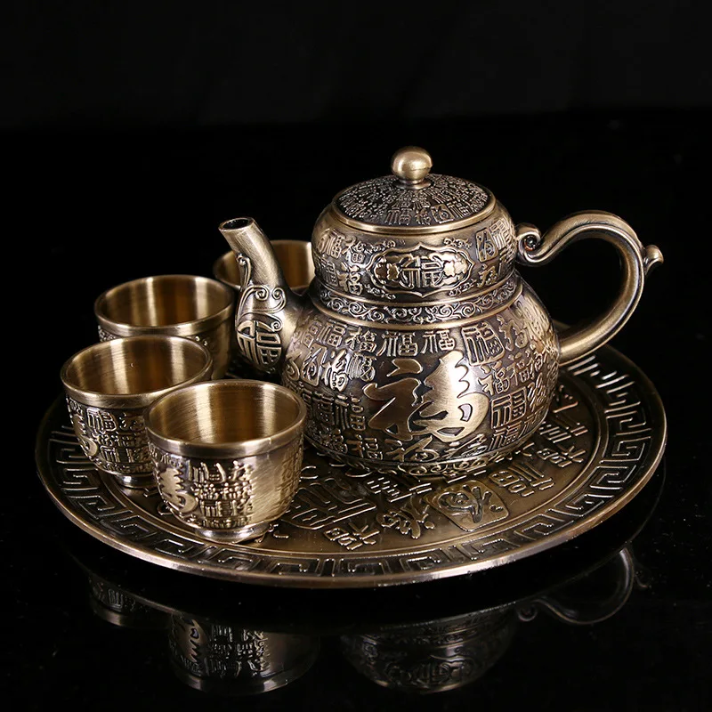 6-piece European-style bronze tea set retro metal teapot teacup set alloy teacup wine glass with tray teapot birthday gift box