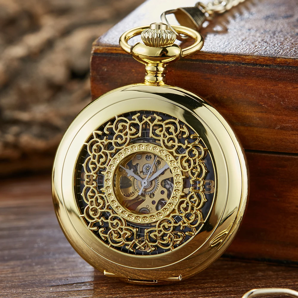 Luminous Hand Winding Mecânico Pocket Watch Pingente Bronze Classical Vintage Hollow Cover Analógico para Homens Relógios Relógio Presente