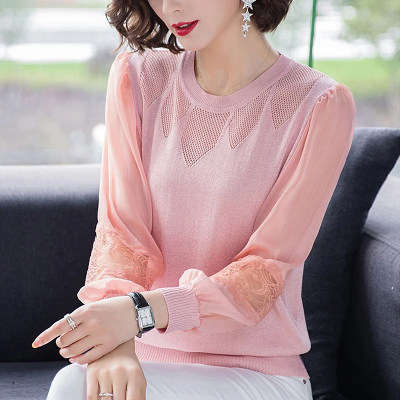 

Women Autumn Knitted Sweater Ladies Sexy Lace Patchwork Long Sleeve Pullover Top Casual Winter Sweater Women Pink White 2021