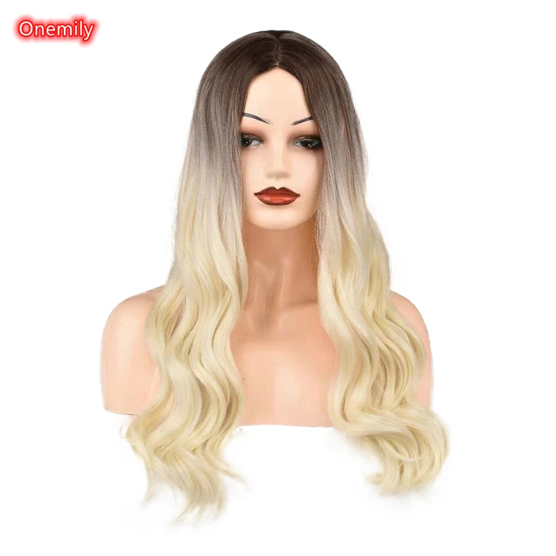 

Onemily Ombre Light Blonde Long Curly Wavy Middle Part Soft Heat Friendly Synthetic Natural Looking Wigs for Daily Wear