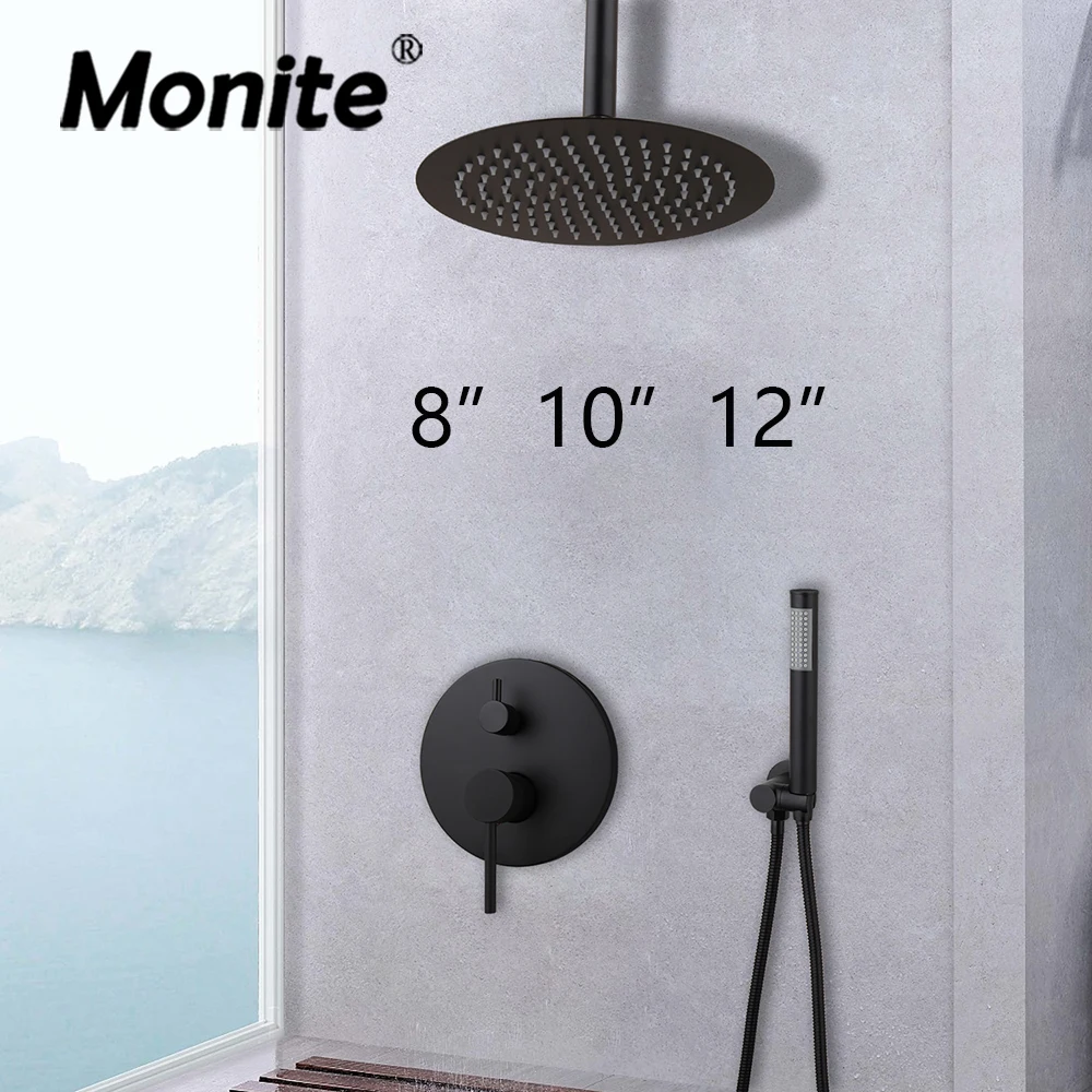 

Monite 8 Inch Black Round Ceiling Mounted Bathroom Rainfall shower faucet Sets Oil Rubbed Bronze head & hand shower Shower Set