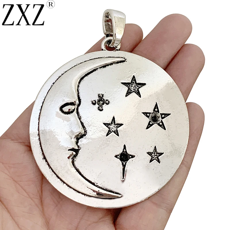 ZXZ 1 Piece Tibetan Silver Large Moon and Star Round Charm Pendant for Necklace Jewelry Making Accessories 62x62mm