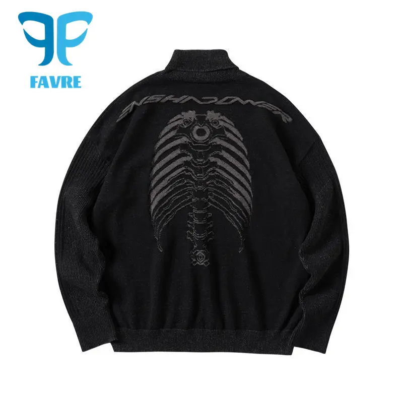 FAVRE-suéteres de cuello alto para hombre, jerseys de punto de manga larga con estampado de esqueleto, columna vertebral mecánica negra, Invierno