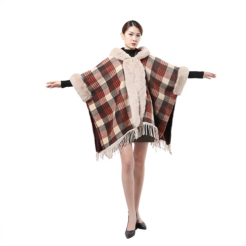 

FOLOBE England Plaid Fur Collar Plus Velvet Thick Tassel Knit Shawl Plus Size Woolen Woat Ponchos and Capes Women