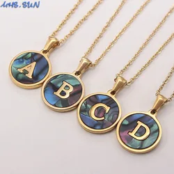 MHS.SUN Fashion Stainless Steel Round 26 Letter Chain Necklaces Abalone Shell Alphabet Pendant Necklace For Women Men Jewelry