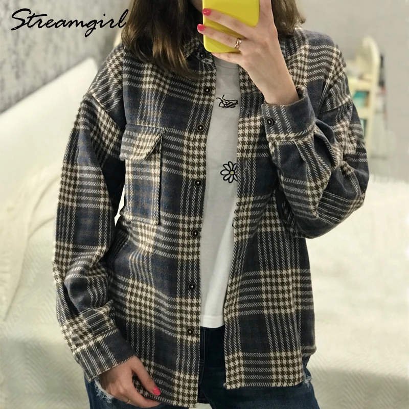 Women Woolen Plaid Shirt Oversize Women\'s Blouse Autumn 2023 Loose Thick Oversized Shirt Plaid Winter Warm Shirt Coat Woolen