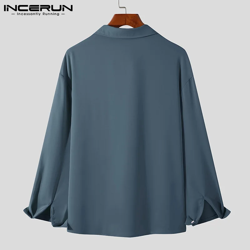INCERUN Men Casual Shirt Turn Down Collar 2023 Solid Color Long Sleeve Loose Korean Men Clothing Streetwear Leisure Camisa S-3XL