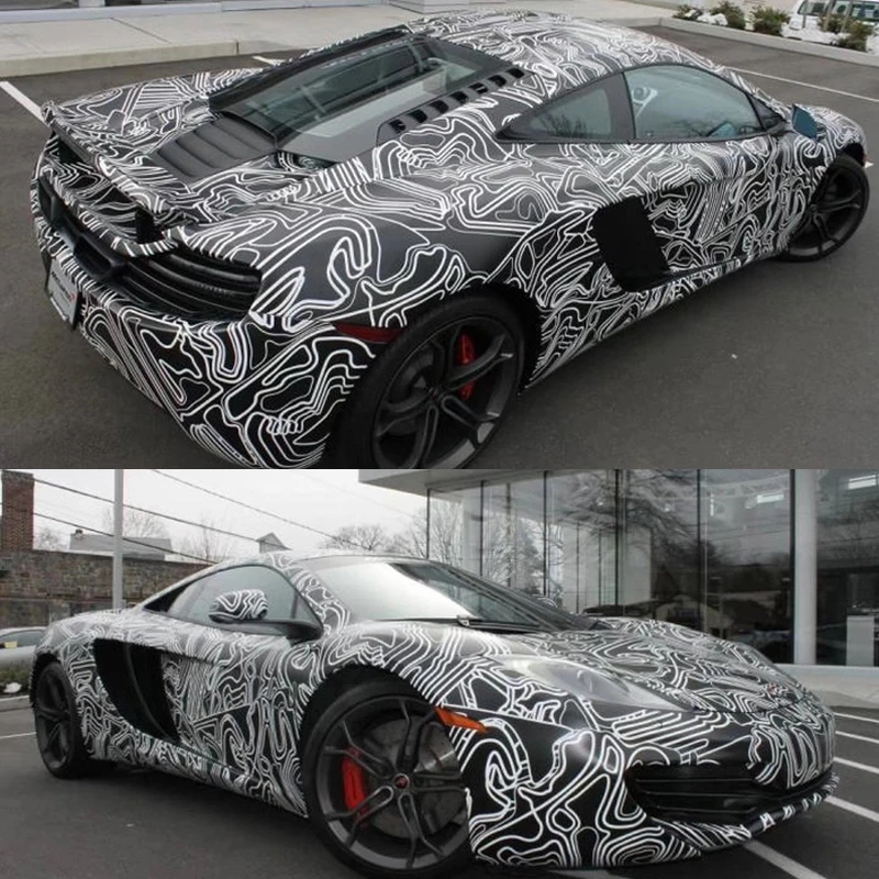 Premium Black White Camouflage Vinyl Sheet Camo Car Wrap Foil with Air Release For Car Full Body Wrapping Sticker