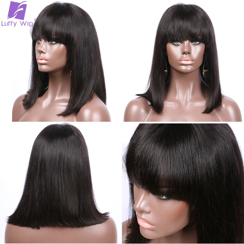 200 Density Short Bob Human Hair Wigs With Bangs Scalp Base Top Full Machine Made Wig Remy Brazilian Straight Bang Wig LUFFY