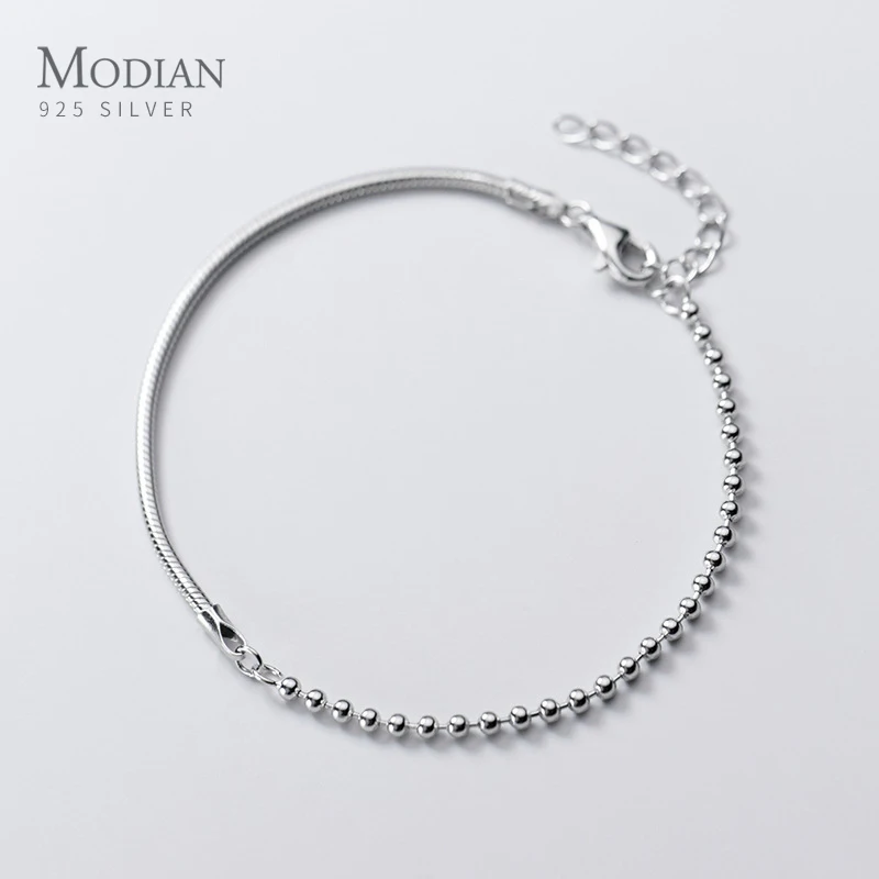 Modian Authentic 925 Sterling Silver Asymmetry Snake Chain Light Beads Bracelet for women Fashion Splicing Bracelet Fine Jewelry