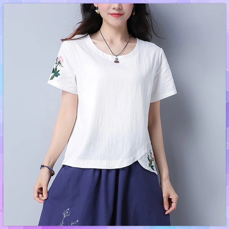 Chinese Style Women's T-shirt Summer Floral Embroidery Short Sleeve T-shirts Female Plus Size  Cotton And Linen White Tops