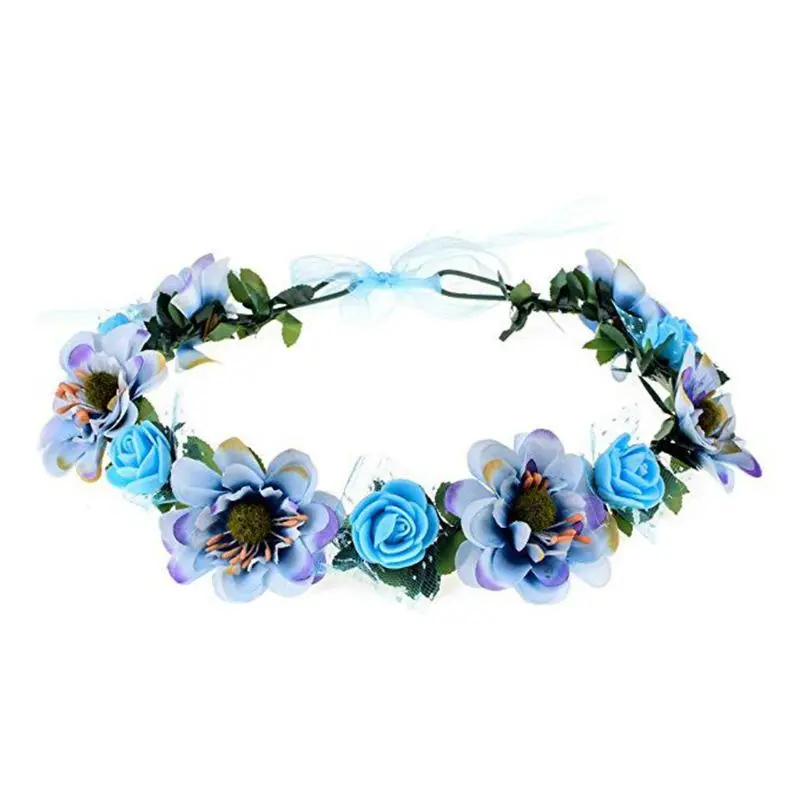 Women Elegant Rose Flower Headband with Adjustable Ribbon Wreath Crown Floral Wedding Hair Garland for Activities Party