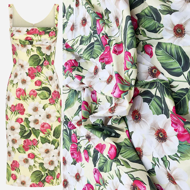 Europe and America Fashion Brand Rose Flower Printed Cotton Or Satin Fabric For Woman Dress Blouse DIY Cloth Sewing Material