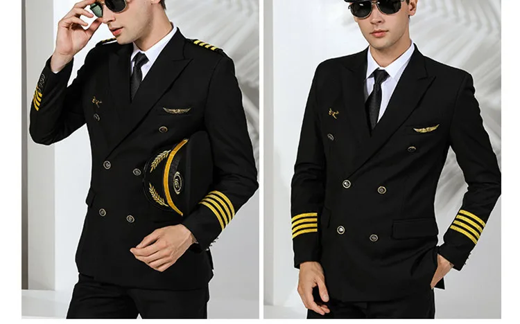 

Men's Airline Pilot Uniforms Hair Stylist Black Navy Blue Suit Coat Slim Fit Workwear Big Size Male Solid Clothing