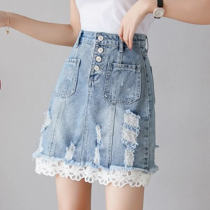 Denim Women Skirts Single Breasted High Waist Wrap A-Line Mini Skirt Street Summer Female Sweet Casual Splice Lace Jean Skirts