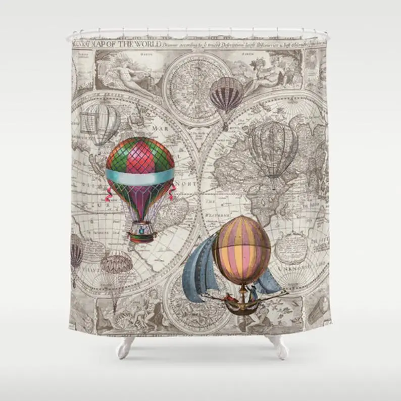 Hot Air Balloon Shower Curtain Antique Map Retro Steampunk Home Decor Bathroom