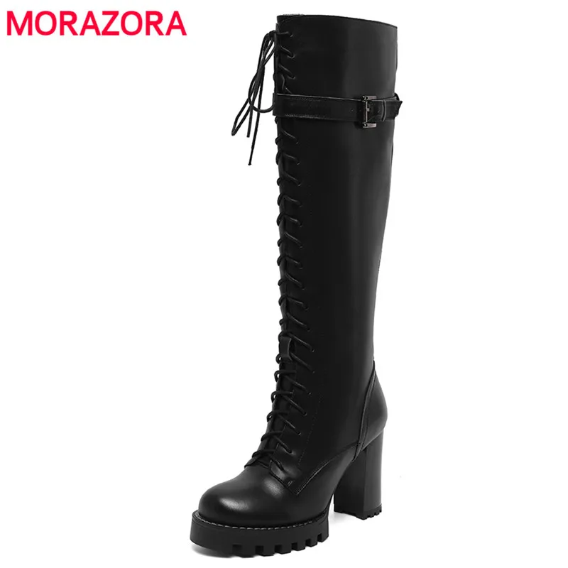 

MORAZORA Size 34-42 New Brand Genuine Leather Boots Women High Heels Winter Platform Knee High Boots Buckle Motorcycle Boots