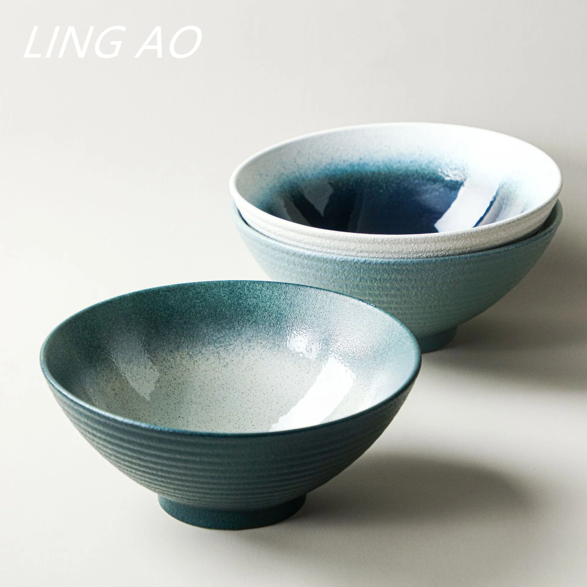 LingAo-Japanese Ceramic Bowl for Soup and Noodles, Fruit and Salad, Bamboo Hat