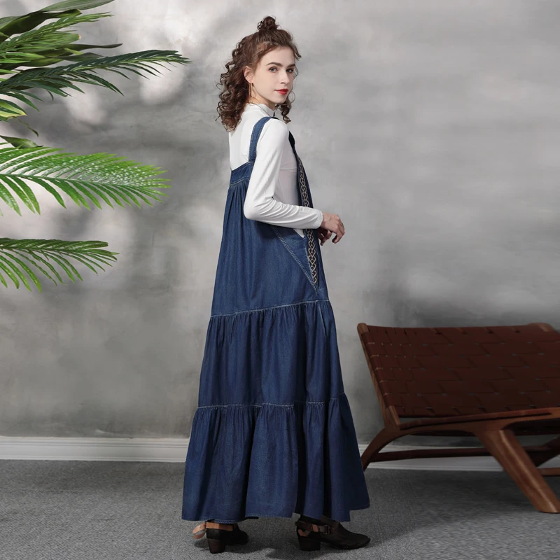 Dress For Women 2021 Yuzi.may Boho New Denim Dresses Vintage Embroidery Ruffles Hem A-Line Suspender Vestidos A82365 Vestido