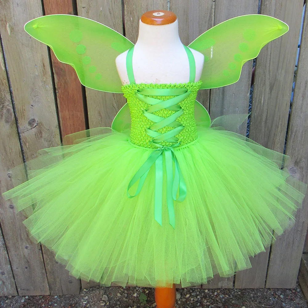 Girls Green Butterfly Fairy Tutu Dress Kids Crochet Tulle Dress with Ribbon and Wing Set Children Birthday Party Costume Dresses