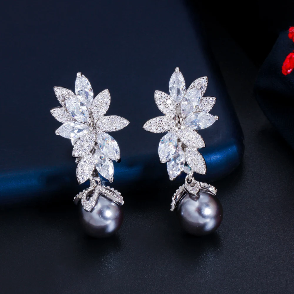 CWWZircons No Hole Design Cubic Zirconia Long Flower Gray Pearl Clip On Women Wedding Party Earrings without Piercing CZ898