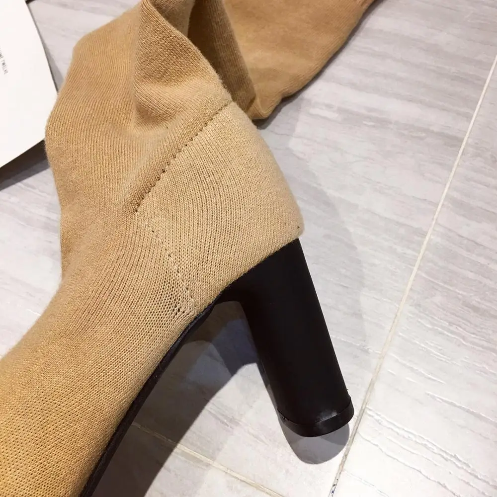 Women Sock Boots Over The Knee Pointed Toe Elastic Fabric Boots Woman Slip On Thick High Heels Stretch Boots Woman Black Brown