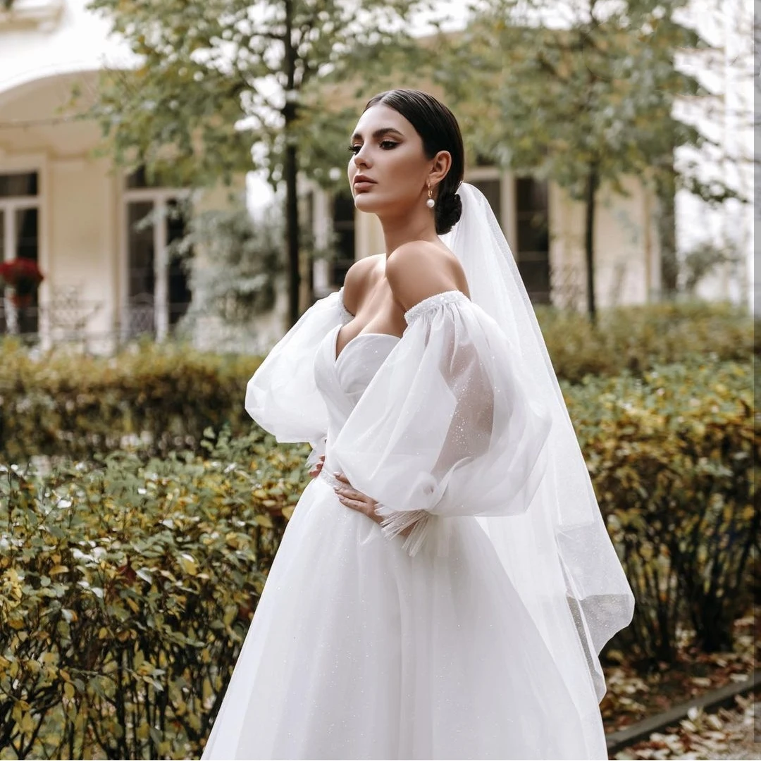 Robe De mariée en Tulle blanc, ligne a, longueur au sol, traîne, manches longues bouffantes, pour femmes